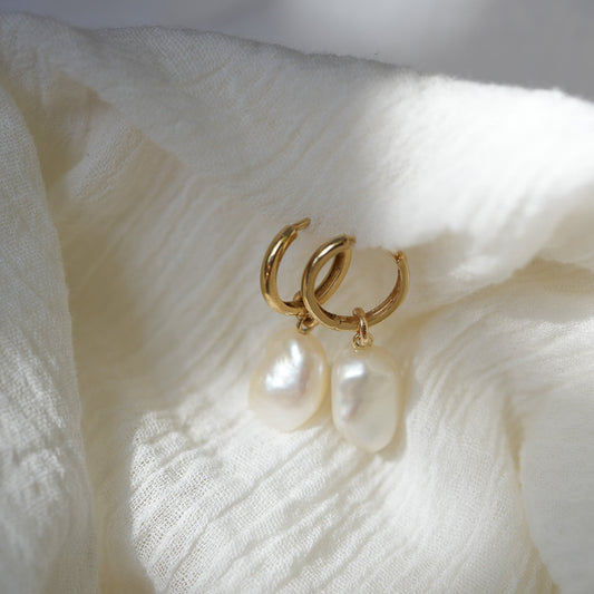 14K Gold White South Sea Keshi Pearl Hoops — handmade jewelry by Studio Immersed, Maui Hawaii