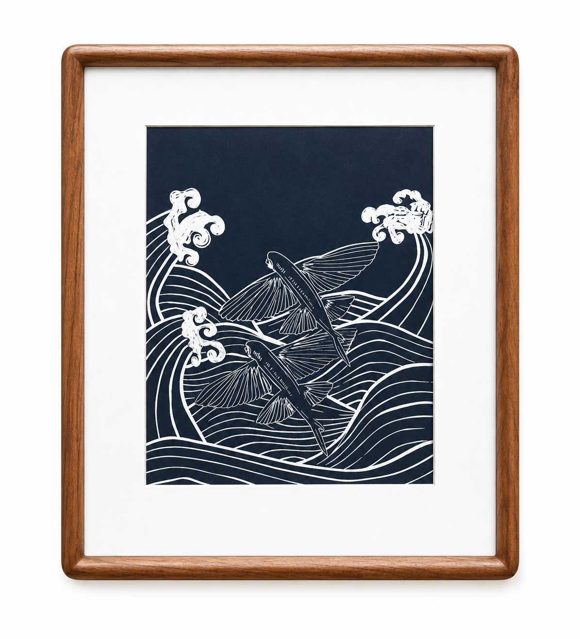 The Fish That Flies Like a Bird — original lino print in walnut frame by Studio Immersed, Maui