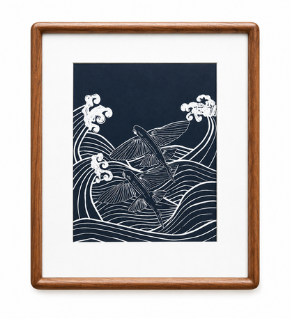 The Fish That Flies Like a Bird — original lino print in walnut frame by Studio Immersed, Maui