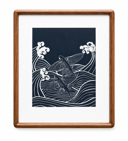 The Fish That Flies Like a Bird — original lino print in walnut frame by Studio Immersed, Maui