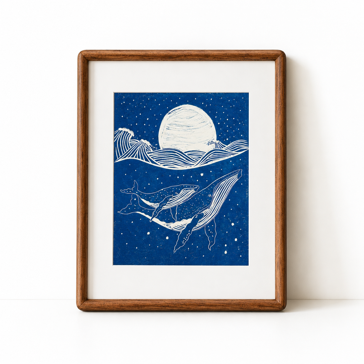 January Whales — original lino print in walnut frame by Studio Immersed, Maui