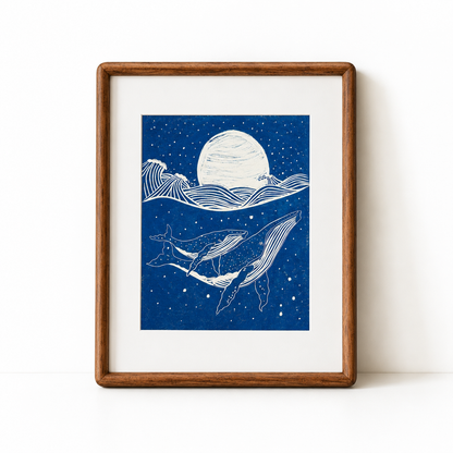 January Whales — original lino print in walnut frame by Studio Immersed, Maui