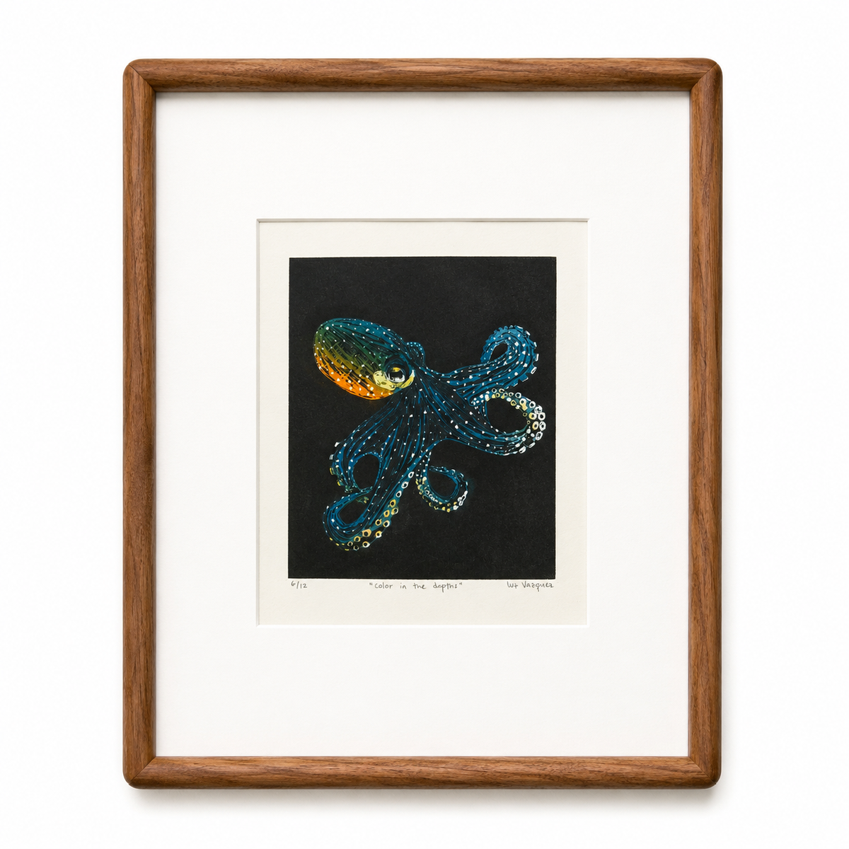 Color in the Depths — original linocut reduction print in walnut frame by Studio Immersed, Maui