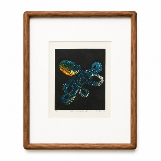 Color in the Depths — original linocut reduction print in walnut frame by Studio Immersed, Maui